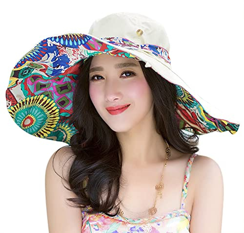 JIAHG Capeline Femme Pliable Imprimé Florale Chapeau de Soleil Plage à Large Bord UV Protection Double Faces à Porter pour Voyage Camping Vacances Cueillir