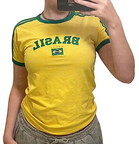 Vintage Graphic Baby Tees for Women Brazil Shirt Y2k Tops Mexico Crop Top Jersey 2000s Summer Going Out Tops