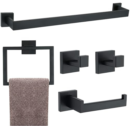 Set di 5 accessori per il bagno nero opaco, set di portasciugamani quadrati da 40,6 cm per bagno, set di portasciugamani in acciaio inossidabile SUS304, set di accessori da bagno a parete