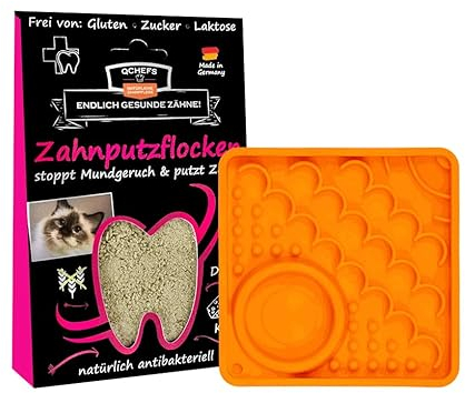Qchefs Schleckmatte Kitty mit ZahnputzFLOCKEN für Katzen zum schlecken. Zahnpflege als Futter Topping auf der Leckmatte bei Mundgeruch und als Zahnsteinentferner
