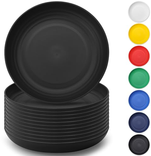 Berglander Schwarz Plastik Teller Set 12 teilig 23cm, mehrweg unzerbrechliche Speiseteller, Salatteller, Nudelschalen, Geschirr Leichtes Tragen für Picknick, Camping, Garten, im Freien