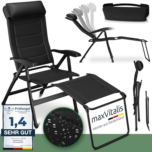 ELONEO Campingstuhl faltbar mit Abnehmbarer Beinauflage, Klappstuhl gepolstert aus Aluminium, Gartenstuhl klappbar, Liegestuhl mit Verstellbarer Rückenlehne, Camping Chair schwarz gepolstert