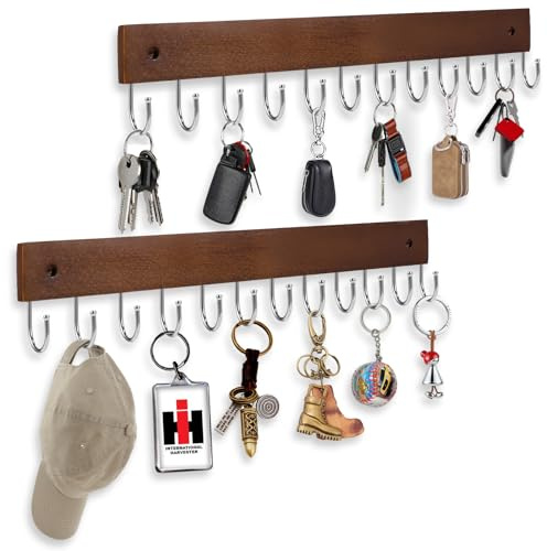 UNIFUN Wall Mounted Key Hooks - 12 Heavy Duty Hooks, 2 Pack Organizer Rack for Entryway, Kitchen, Bathroom, Brown Wood Finish Key Holder Hanger