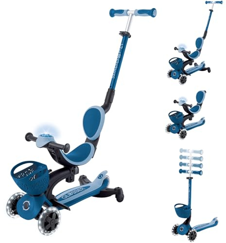GLOBBER GO-UP Baby Lights 360° – Tretroller, Dreirad und Laufrad für Kinder – höhenverstellbares Kinderfahrzeug – 3rädrig bis 9 Jahre – Bunte LED-Leuchtrollen – Petrol-hellblau