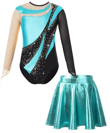 Miaeowve Traje de acrobacia para niña con falda para niños, ropa de baile metálica, manga larga, estrás, brillante, body deportivo, patchwork, camiseta con corte out, disfraz de baile de competición,