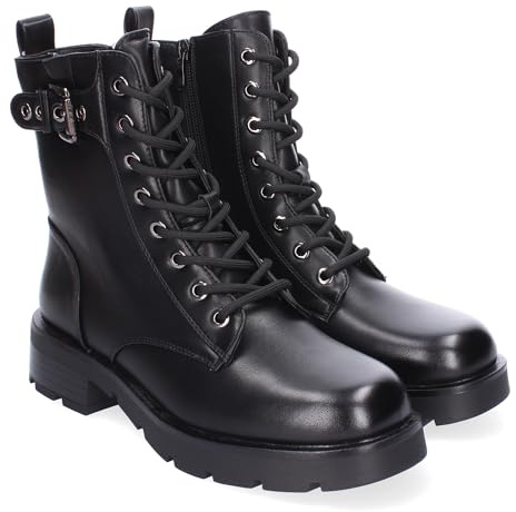 86694 Botines de Tacon para Mujer, Comodos y Elegantes, Detalle de Hebilla, con Suela Dentada, Punta Redonda, Cierre de Cordones y Cremallera Lateral, Ideales para Otono-Invierno. Negro Talla 38