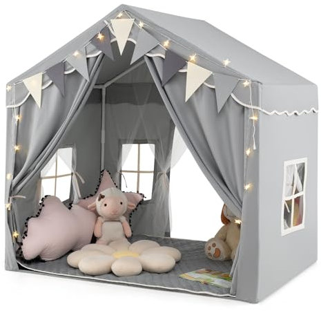 COSTWAY Kids Play Tent, 136 x 94 x 134cm Toddler Playhouse with Star Lights, Flag Banner, Cotton Mat, 2 Doors and Windows, Indoor Castle Fairy Tents for Boys & Girls (Grey)