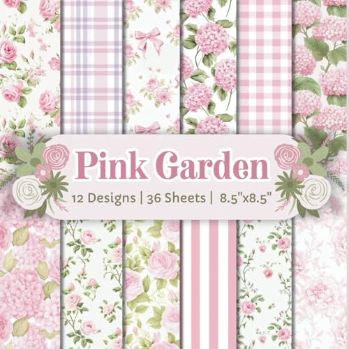 Pink Garden Scrapbook Paper Craft Pad: 12 Pink Flower Designs, 36 Double-Side Scrapbooking Pages Printed on 8.5x8.5 Size Paper With High-Quality ... Decoupage, Album, Gift Wrapping Etc