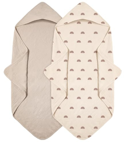 Peepeemax Asciugamani con Cappuccio per Bambini, Asciugamano Neonato in Mussola di Cotone, Asciugamano Morbido e Assorbente con Cappuccio per Bambini da 0 a 18 mesi, 76 x 76 cm, 2 Pezzi (Arcobaleno)