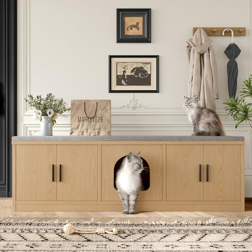 Merax Armoire cachée pour chat - 140 x 40 x 45,5 cm - Meuble multifonction pour animaux avec tapis à gratter - Ventilation - Étagères réglables - Pour couloir et entrée - Couleur bois