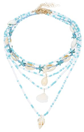 sourcing map Sea Shell Necklace for Women, Handmade Summer Bead Beach Shell Charm Starfish Bead Necklace Layered Adjustable Boho Beach Jewelry for Vacation Gift (Blue, Pack of 5)