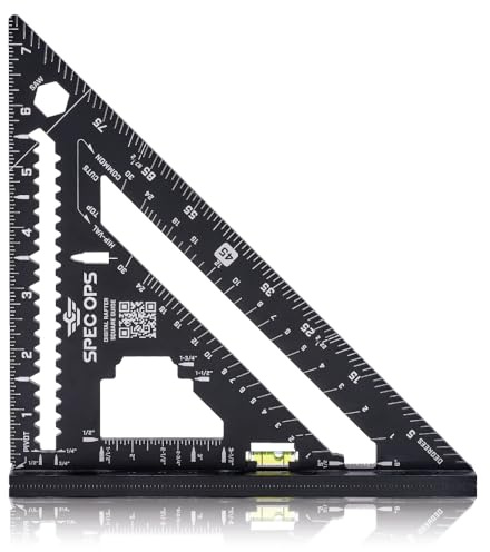 Spec Ops Elite Series Fury 7.5” Rafter Square with Level Vial, Laser Etched & Stamped Markings, Rapid-Layout Features, Wide Heel, Integrated Compass Holes, Digital Rafter Calculator & Guide