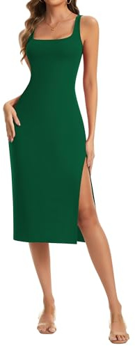 SHAPERIN Slit Midi Dress Women Square Neck Bodycon Dresses Long Tank Dress | Summer Pencil Short Dress Sleeveless Side Split Midi Dresses for Party Club Cocktail Going Out Holiday