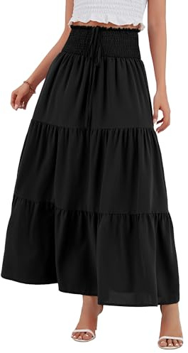 TRIWORKS Black Maxi Skirt，Elegant High Waist 2 in 1 Chiffon Tiered Midi Skirt，Elastic Boho Summer Long Skirts M