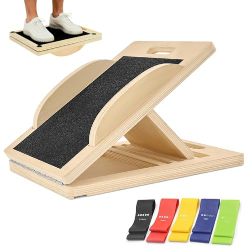 2-in-1 Wooden Slant Board & Balance Board, Adjustable Incline Board with 5 Resistance Bands, Portable Foldable Non-Slip Calf Stretch Board for Home Gym, Mobility & Balance Training