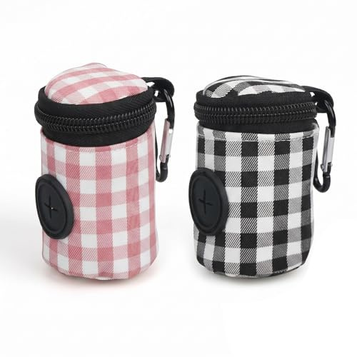 2 Pcs Porta Bolsas Caca Perro, Dispensador de Bolsas para Excrementos de Perros con Diseño Elegante de Cuadros, Soporte Portátil para Bolsas de Basura para Mascotas, Accesorios de Paseo, Rojo y Negro