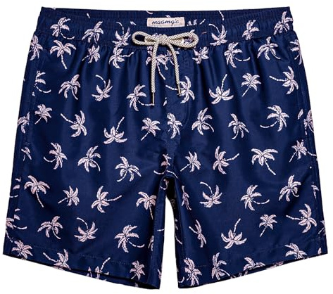 MaaMgic Homme Short de Bains Imprimé Séchage Rapide avec Slip en Filet Maillot de Bain Pants Court de Sport pour Vacance a la Plage, Bleu Foncé Cocotier, Large(tour de taille:86~92cm)