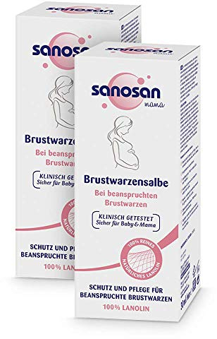 sanosan Brustwarzensalbe klinisch getestet - 100% reines & natürliches Lanolin ideal für die Schwangerschaft & Stillzeit - Brustwarzen Salbe ohne Parabene, Farbstoffe & Duftstoffe (2x 30 ml)