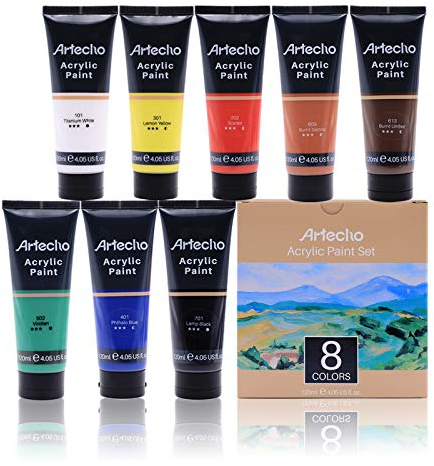 Artecho Pinturas Acrilicas 8×120ml, Acrylic Paint Set, Impermeable y resistente a la luz, para Lienzos, Tela, Madera, Cristal, Piedras.