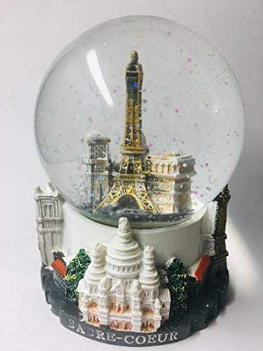 VIANAYA Boule de Neige Paris Tour Eiffel - Base résine avec Monuments en 3D et Globe en Verre avec Paillettes Scintillantes -Couleur Blanc - Taille Moyenne (Hauteur 11CM)