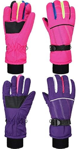 Hicarer 2 Pairs Kids Mittens Children Winter Snow Waterproof Thick Warm Windproof Gloves for Girls Boys(Purple and Pink,5-8 Years,Stripe Style)