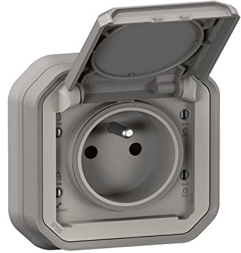 LEGRAND - Prise Etanche IP55 avec Terre Plexo - Prise 2P+T 16A Complète avec Volet - Pour Pose en Encastré avec Griffes - Fabriqué En France - Gris