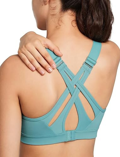 Yvette Sports Bra High Impact Adjustable Criss Cross Back, Full Support for Large Bust No Bounce, Sky Blue, L