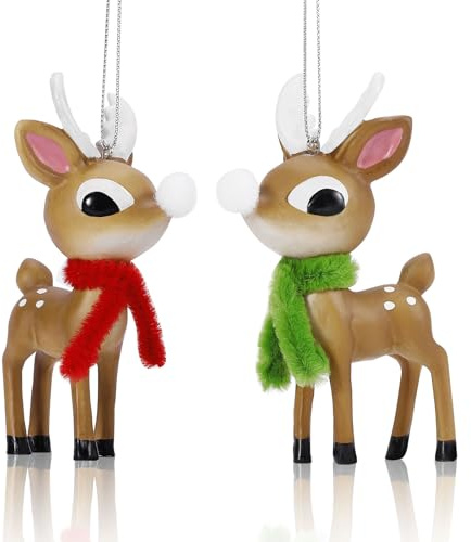 EnrichFun 2023 Christmas Reindeer Decor Resin Figurines, 2PCS Reindeer with Scarf Standing & Hanging Ornaments, Winter Holiday Indoor Home Table Decor Xmas Gifts, 4Inches