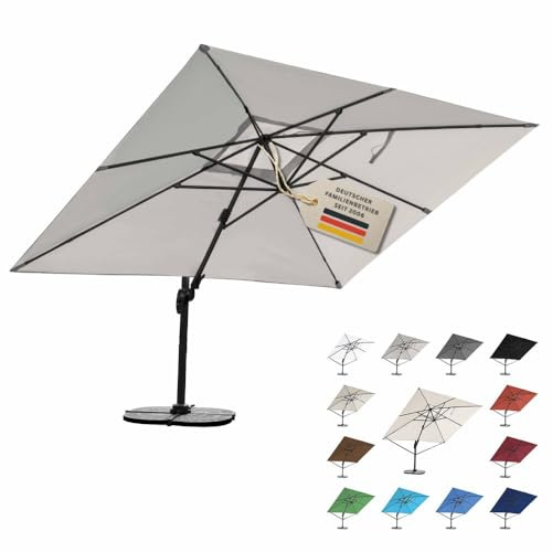 RS Trade Sonnenschirm Ampelschirm 3x4m groß rechteckig, mit Windsicherung, Ständer und Schutzhülle, drehbar neigbar kippbar mit Kurbel, windstabil für Garten Terrasse Balkon Gastronomie, hellgrau