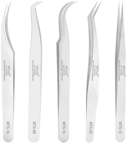 Obeyalash Juego de 5 pinzas de pestañas de acero inoxidable, pinzas independientes profesionales, extensiones de pestañas, pinzas rectas curvadas plateadas para pestañas, arte de uñas, fabricación de