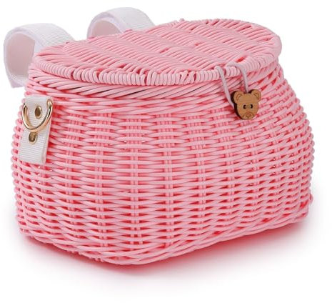 SVNR Kids Bike Basket Rattan Handwoven Pink with Lid