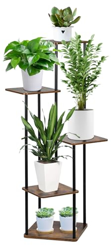 AISHNA 5 Tier Hölzern Metall Blumenständer, Mehrstöckig Abnehmbarer Pflanzenständer Pflanzenregal Blumenregal Blumentreppe Pflanzentreppe Standregal für Gärten Innen Balkon Deko