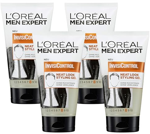 L'Oréal Men Expert Styling Gel für Männer, Neat Look Haarstyling-Gel zum Modellieren der Haare und natürliches Stylen der Haare, InvisiControl, 1 x 150 ml (Packung mit 4)
