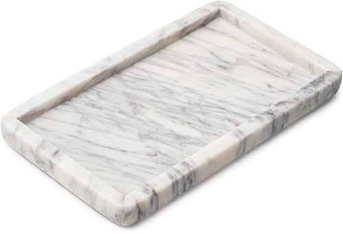 Cork & Mill Marble Tray for Bathroom Countertop, Kitchen Counter, or Catchall - 8 3/4 x 5 Small Rectangular Vanity Tray for Skincare or Perfume - Handcrafted Natural White Marble Stone Organizer