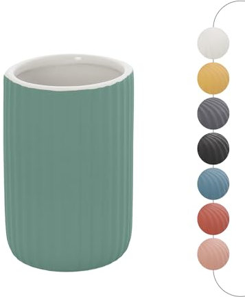 Portaspazzolini bagno da appoggio verde cannettato in ceramica soft touch, bicchiere multiuso o porta penne, SPRING