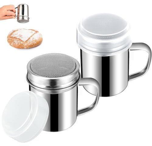 2 spargitore per cacao, spargitore per zucchero a velo con manico, in acciaio inox, con coperchio per zucchero, pepe, cannella in polvere, sale, cacao, caffè