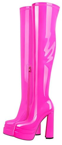 blingqueen Damen Plateau Overknees Stretch Stiefel Reißverschluss Long Boots Lack Viva Magenta 45 EU