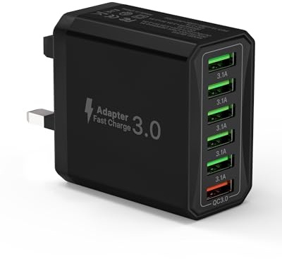 USB Plug UK, 33W 6 Port Multi Plug Multiport Charger Head with QC 3.0 Fast Charging, USB Plug Adaptor UK Wall Power Adapter Mains for iPhone 16 15 14 13 12 11 10 Pro Max Plus XS 8 7 6 5, Samsung, iPad
