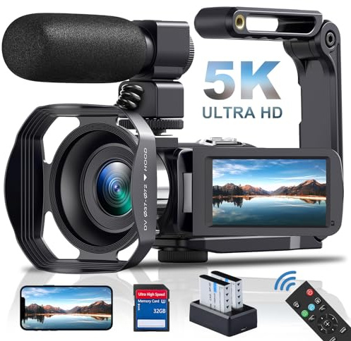 Videocamera 5K, videocamera 64 MP con zoom digitale 18x, WiFi, visione notturna IR, telecamera per YouTube, touch screen, include scheda SD, microfono, 2 batterie, telecomando