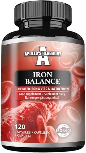 Iron Balance 120 veganska kapslar – järnkelat med C-vitamin och laktoferrin – 120 dagliga portioner – för förbättrad absorption – kosttillskott från Apollo's Hegemony