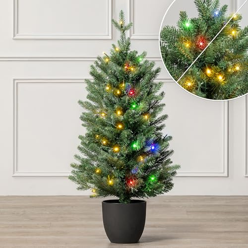 Christow Pre-Lit Arber Fir Christmas Tree, Dual Colour LED Lights, 3ft | Warm White to Multi-Colour, Colour Changing, 5 Light Modes, PE & PVC Tips, Battery Powered with Timer, Indoor & Outdoor