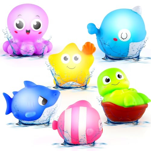 Jouets de Bain Lumineux, Lot de 6 pour bébés et Jeunes Enfants – Jouets de Bain sensoriels avec lumières Clignotantes, Animaux Marins flottants : Pieuvre, Dauphin, Tortue, Requin, étoile de mer