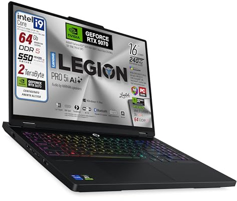 Lenovo Legion Pro 5i, Notebook Gaming, Intel Core i9-14900HX, RAM DDR5 64Gb, SSD 2Tb (2x1Tb), Display HDR 16 WQXGA DCI-P3 100% 240Hz, Nvidia Geforce RTX 5070,Tastiera RGB QWERTY, Win 11Pro, ready