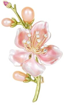 Elegant Peach Blossom Cz Brooch for Women Men Delicate Crystal Flower Faux Pearl Enamel Lapel Pins Dress Coats Scarves Accessories Wedding Party Prom Fashion Jewelry