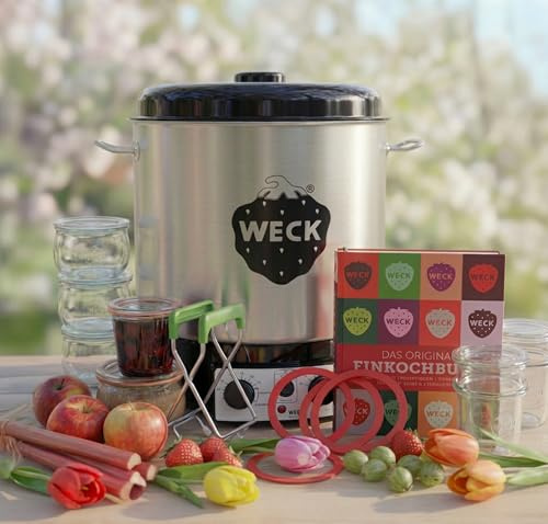 WECK Masterset för konservering med WAT25-A helautomatisk inkokningsmaskin, avtappningskran och synkron timer, inkl. 18 WECK-glas, inkokningsbok, glaslyftare, ringar och klämmor, för inkokning