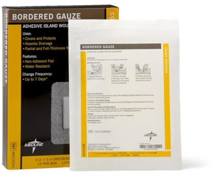 Medline Sterile Bordered Gauze Adhesive Island Wound Dressing, 4 x 5 with 2 x 2.5 Pad - Count of 15