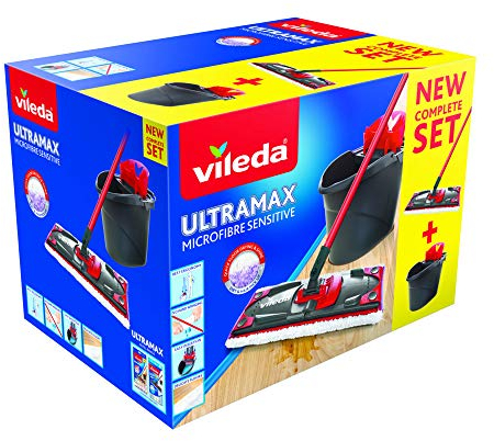 Vileda - UltraMax Sensitive Spécial Parquet - Kit complet Balai à Plat Microfibre + Seau-Essoreur