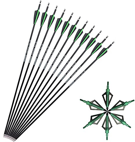 SHARROW 12pcs Flechas de Carbono 30 Pulgadas Spine 500 para Arco Compuesto Recurvo Flechas de Caza (Verde+ 12pcs Broadhead)