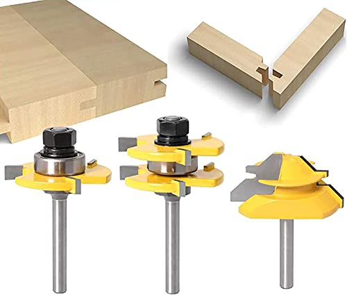 KATSU 45 Degree Lock Miter Joint Router Bit + 2PCs 1/4 Shank Tongue and Groove Router Bit Set, Woodworking Milling Cutter Tools 3 Teeth T Shape for Engraving Trimming Machine 133305