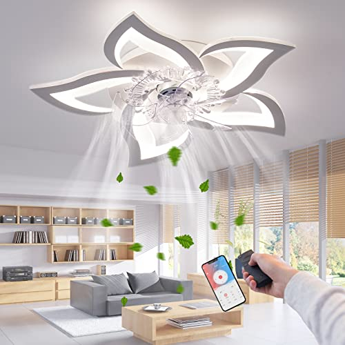 RRBEST Ventilatore da soffitto a LED con illuminazione, creatività 5 fiamme, plafoniera dimmerabile silenziosa con telecomando e controllo APP